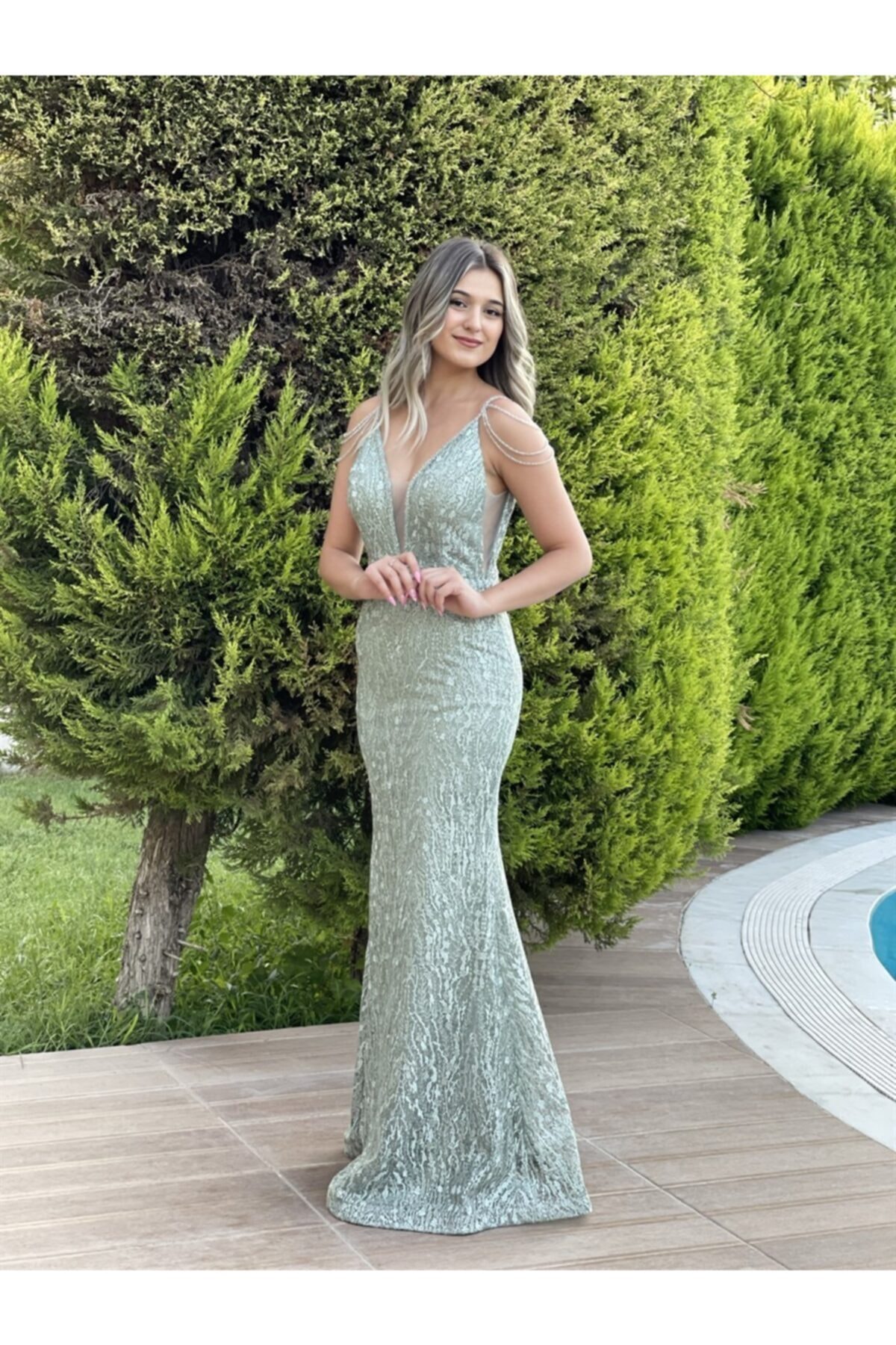 Kaleiçi Yıldızlar Kadın Abiye Mint Yeşil Askılı Desenli My3266