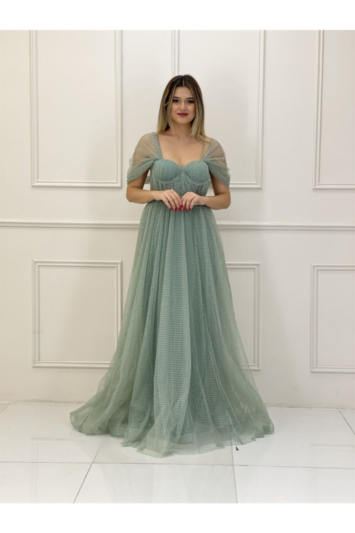 Kaleiçi Yıldızlar kadın Uzun Abiye Mint Yeşili Tül Desenli Me5266