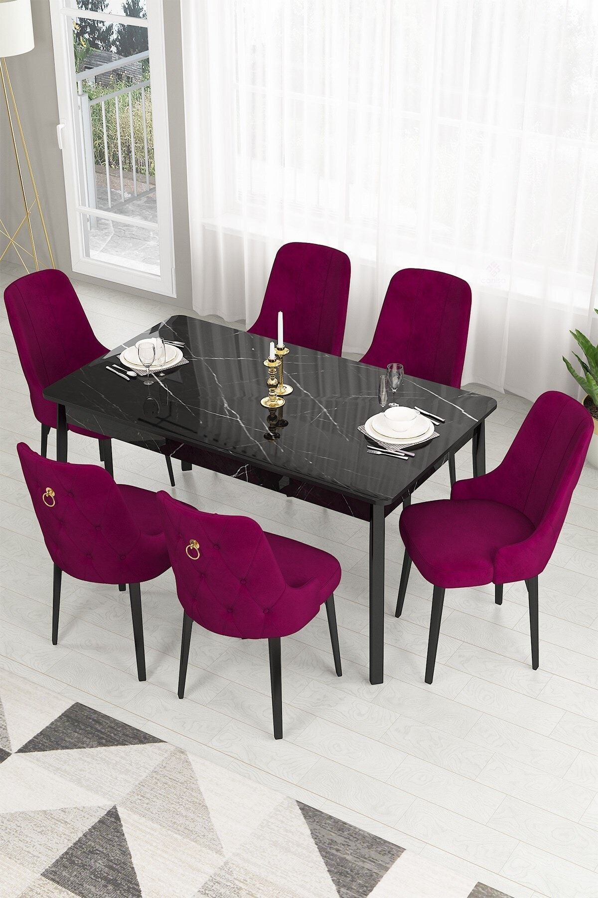 Canisa Concept Canisa Lav Serisi Sabit 80x130 Siyah Mermer Desenli Masa Takımı+6mürdüm Sandalye