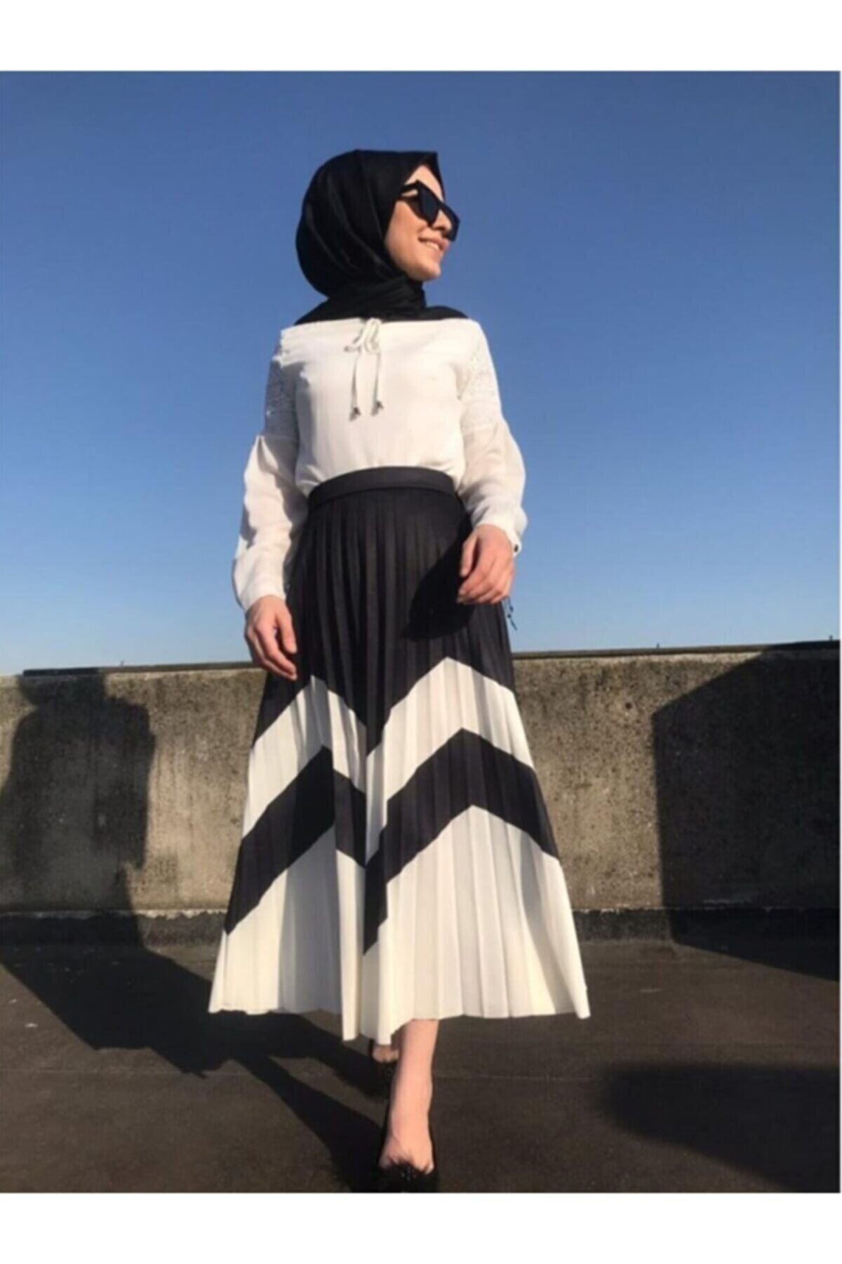 katsaku Kadın Siyah Zigzag Desenli Pileli Tesettür Etek