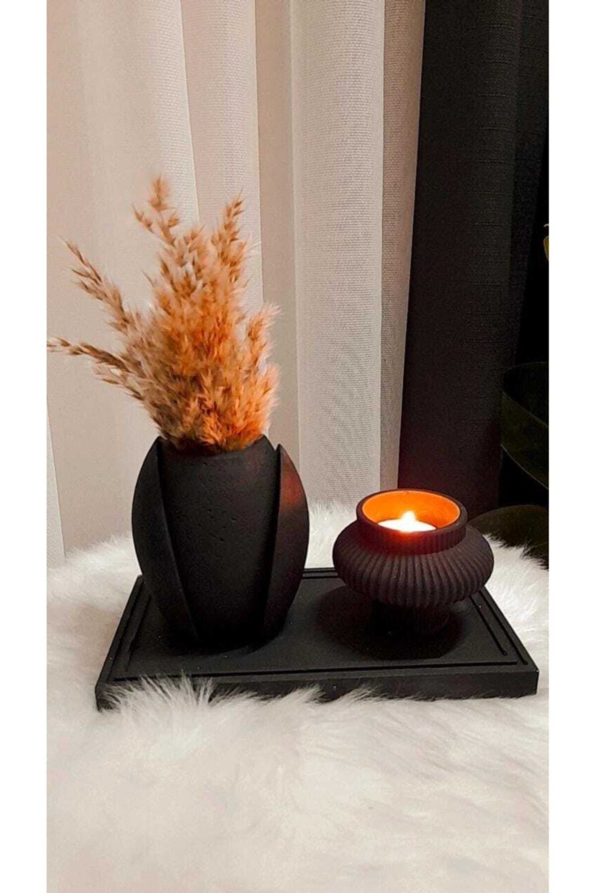 Dudo Baby Dudo Siyah Tealight Mumluk Çiçekli Vazo Tabanlı Set, Mumluk