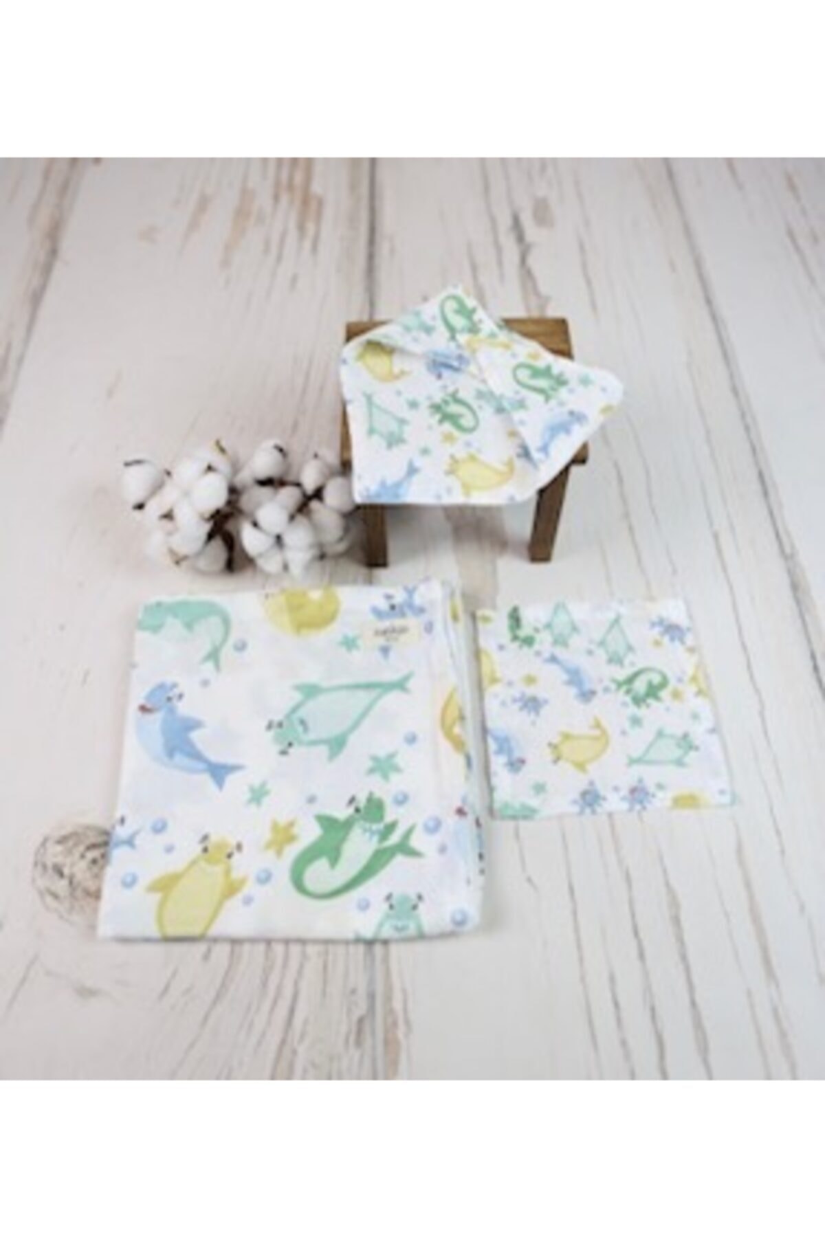 Cuckoo Cotton Bebek Müslin Örtü Babyshark Mavi Bebek Battaniyesi Puset Örtüsü Bebek Kundak Ağız Bezi Bebek Önlük