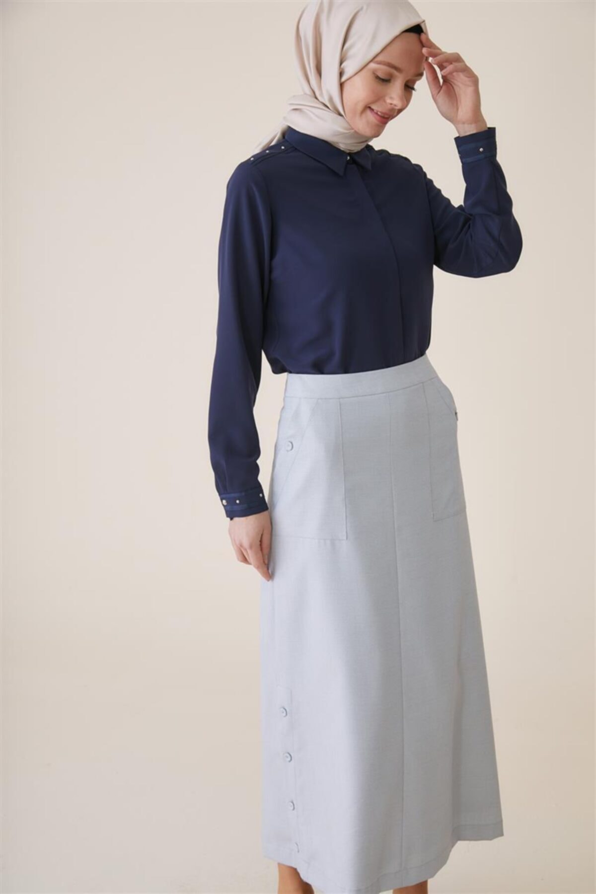 Tuğba Cep Düğmeli Açık Mavi Etek