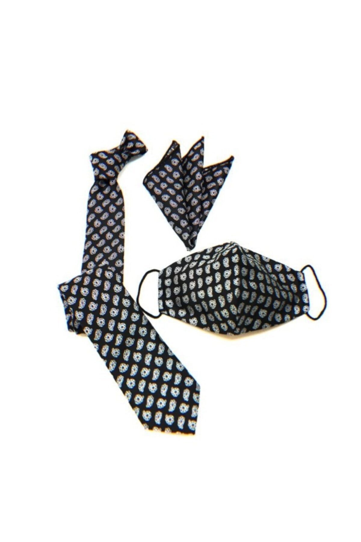 VENCHY Siyah Beyaz Şal Desen Kravat Mendil Maske Set