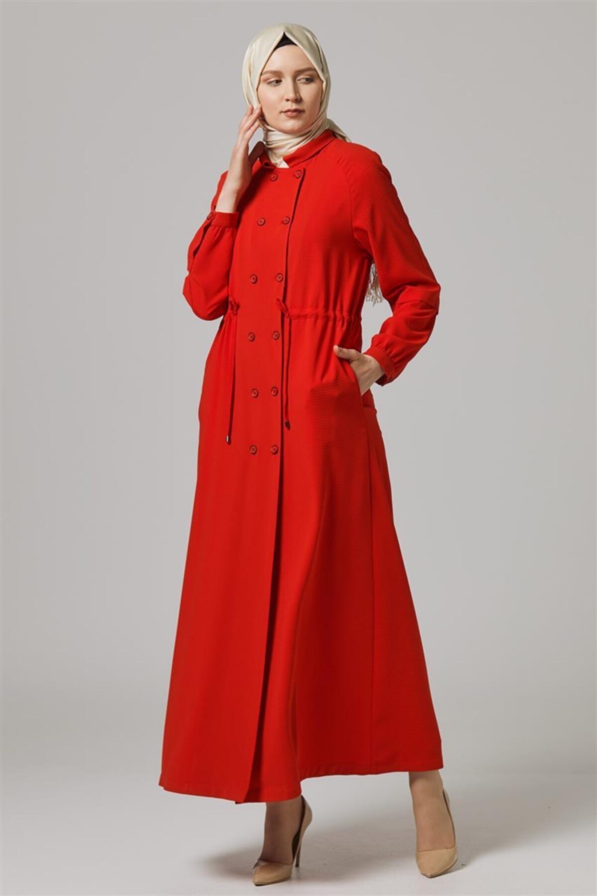 Tuğba Çift Düğmeli Kırmızı Pardesü