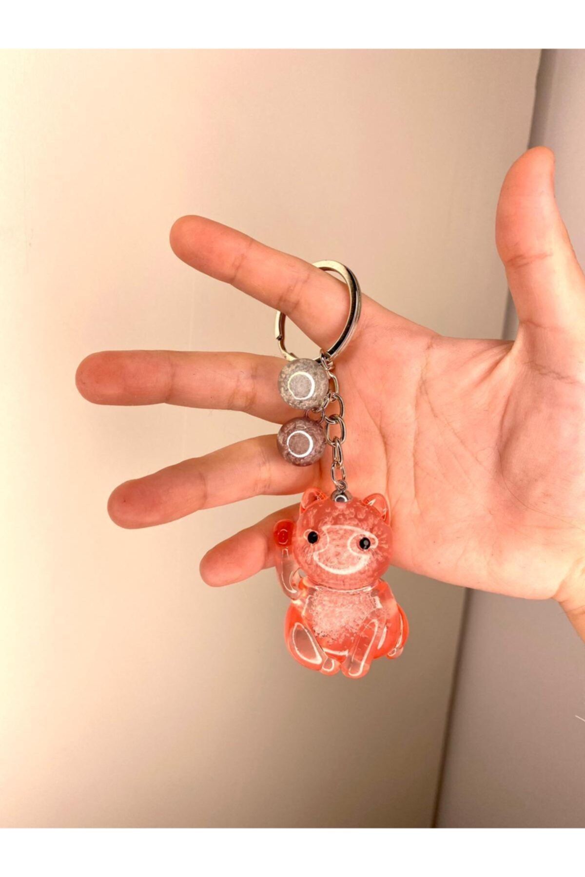 S&E TASARIM Kedi Anahtarlık Pembe Cam Balonlu