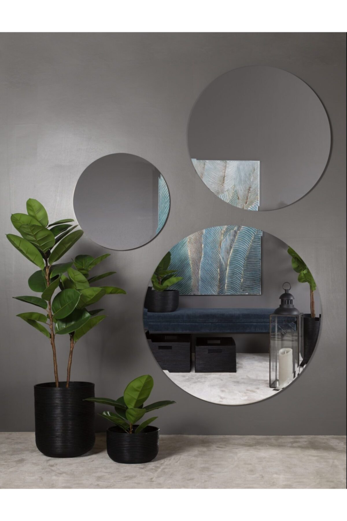 NUUN DEKOR 3'lü Modern Dekoratif Duvar Aynası  Yuvarlak Dekor Ayna  90-70-50cm Çap