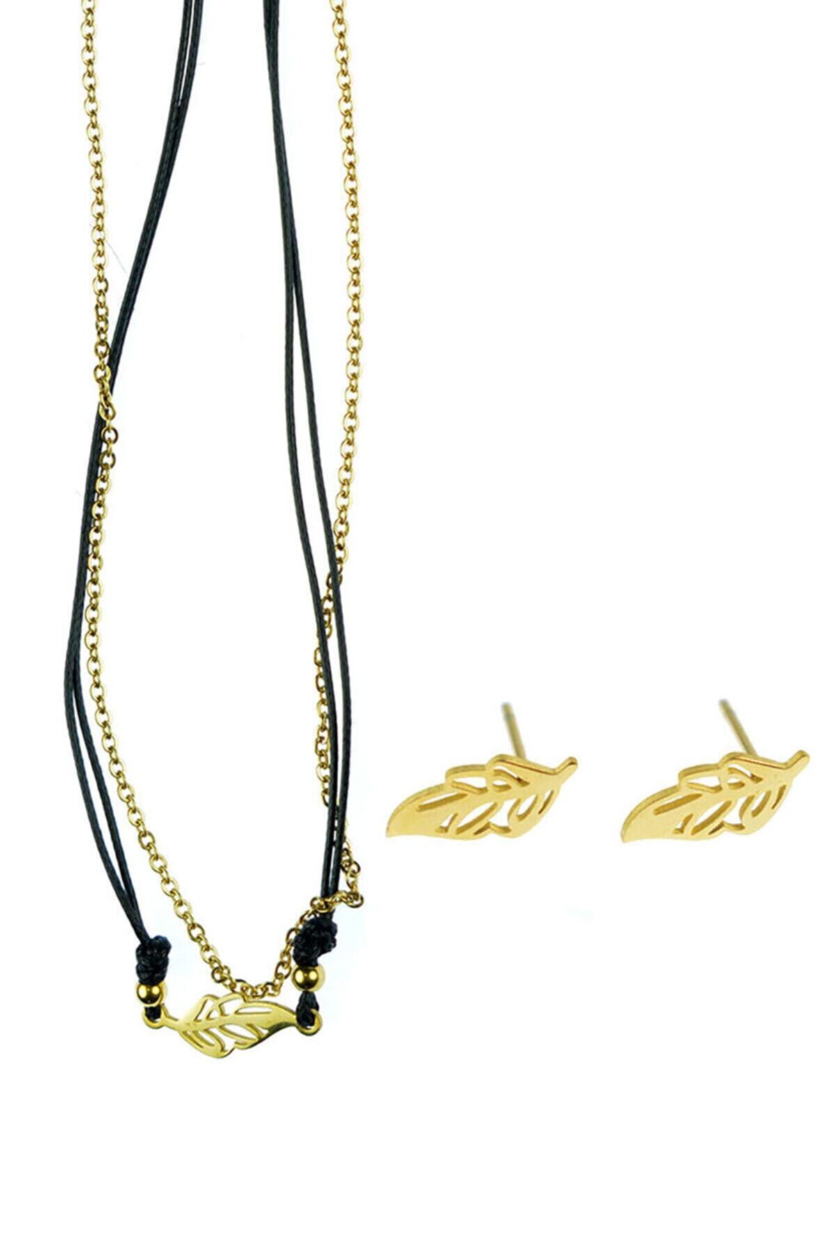 MSDT Yaprak Altın Rengi Kadın Çelik Kolye Küpe Set