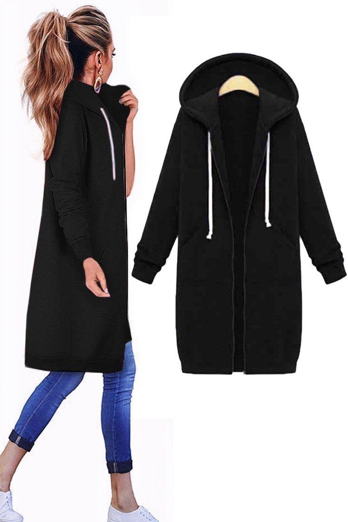 bayansepeti Boydan Fermuarlı Üç Iplik Kumaş Içi Şardonlu Kapüşonlu Siyah Uzun Sweatshirt Tunik Hırka 091