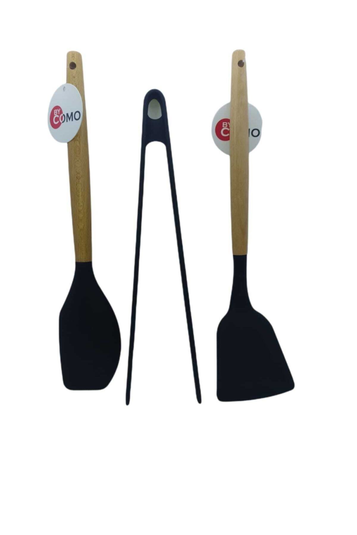Bycomo Ahşap Saplı Lüks Silikon Spatula Maşa Seti 3' Lü Takım