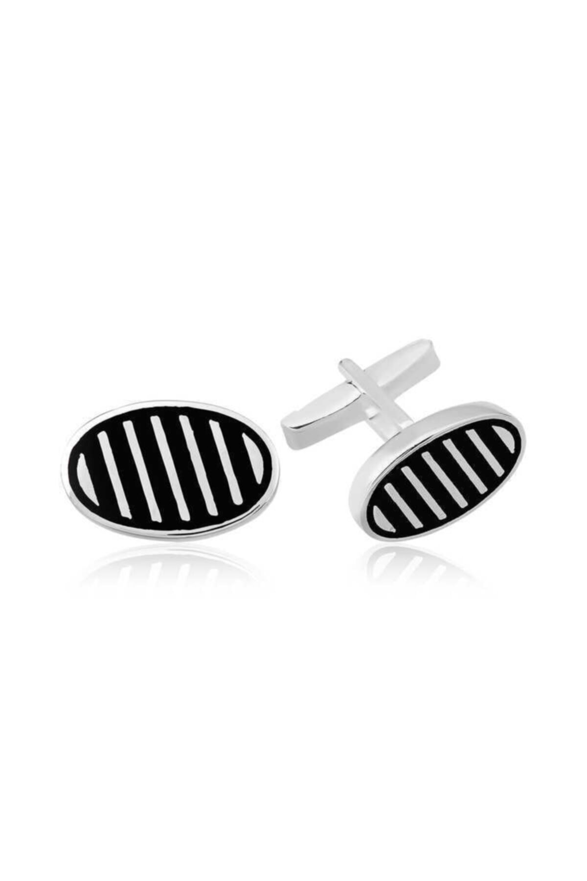 SilverXJewellery Gümüş Çapraz Çizgili Oval Kol Düğmesi