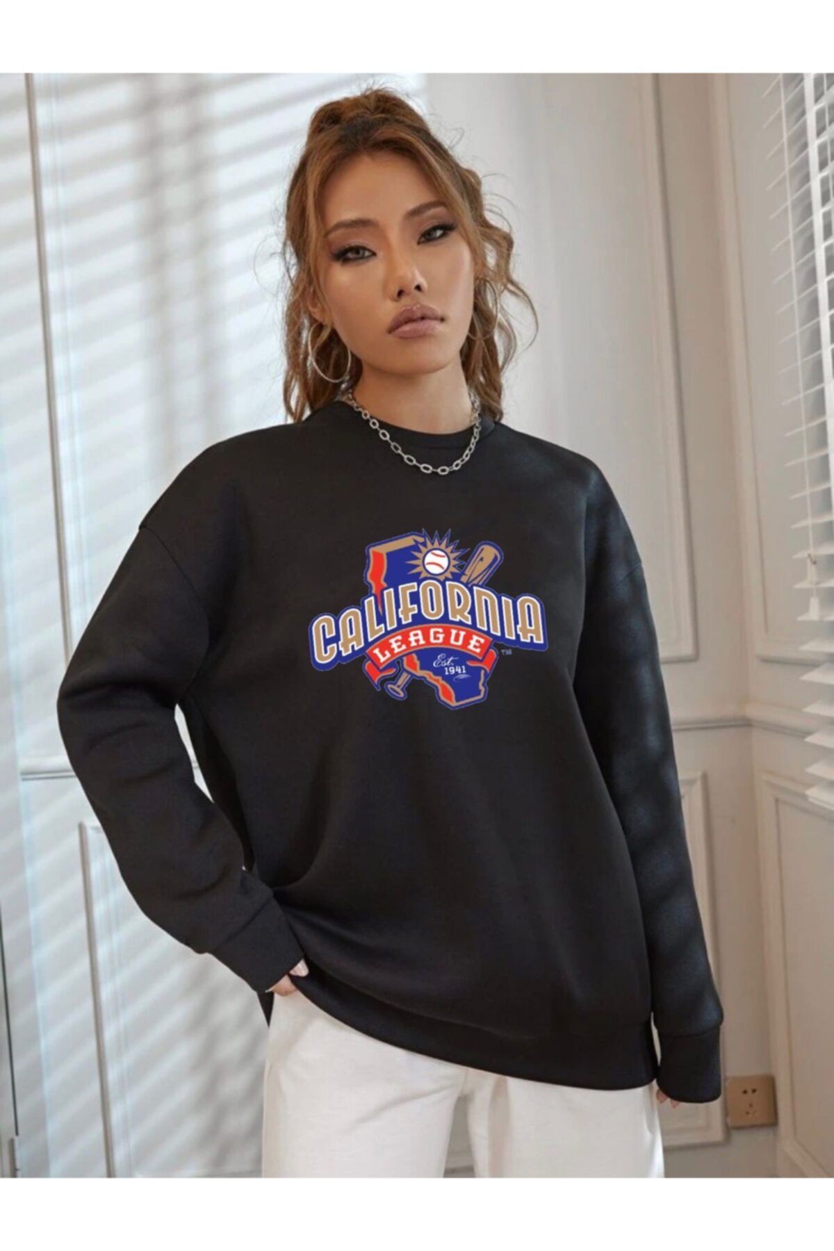 AFROGİYİM Kadın Oversize Siyah California League Baskılı Sweatshirt