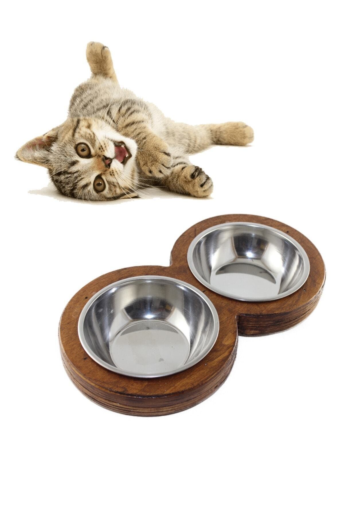 SCdekor Doğal Ahşap Kedi Mama Ve Su Kabı