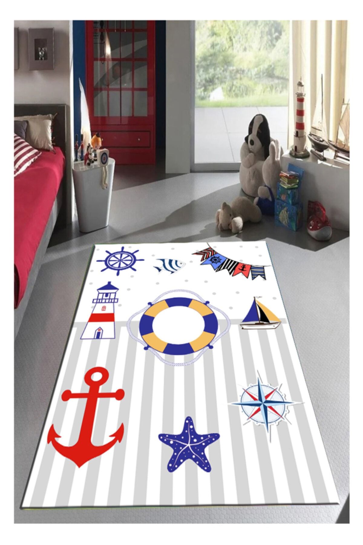 STY Home Denizci Çocuk Kaymaz Tabanlı Halı Makinede Yıkanabilir Halı Yolluk Gri Mavi