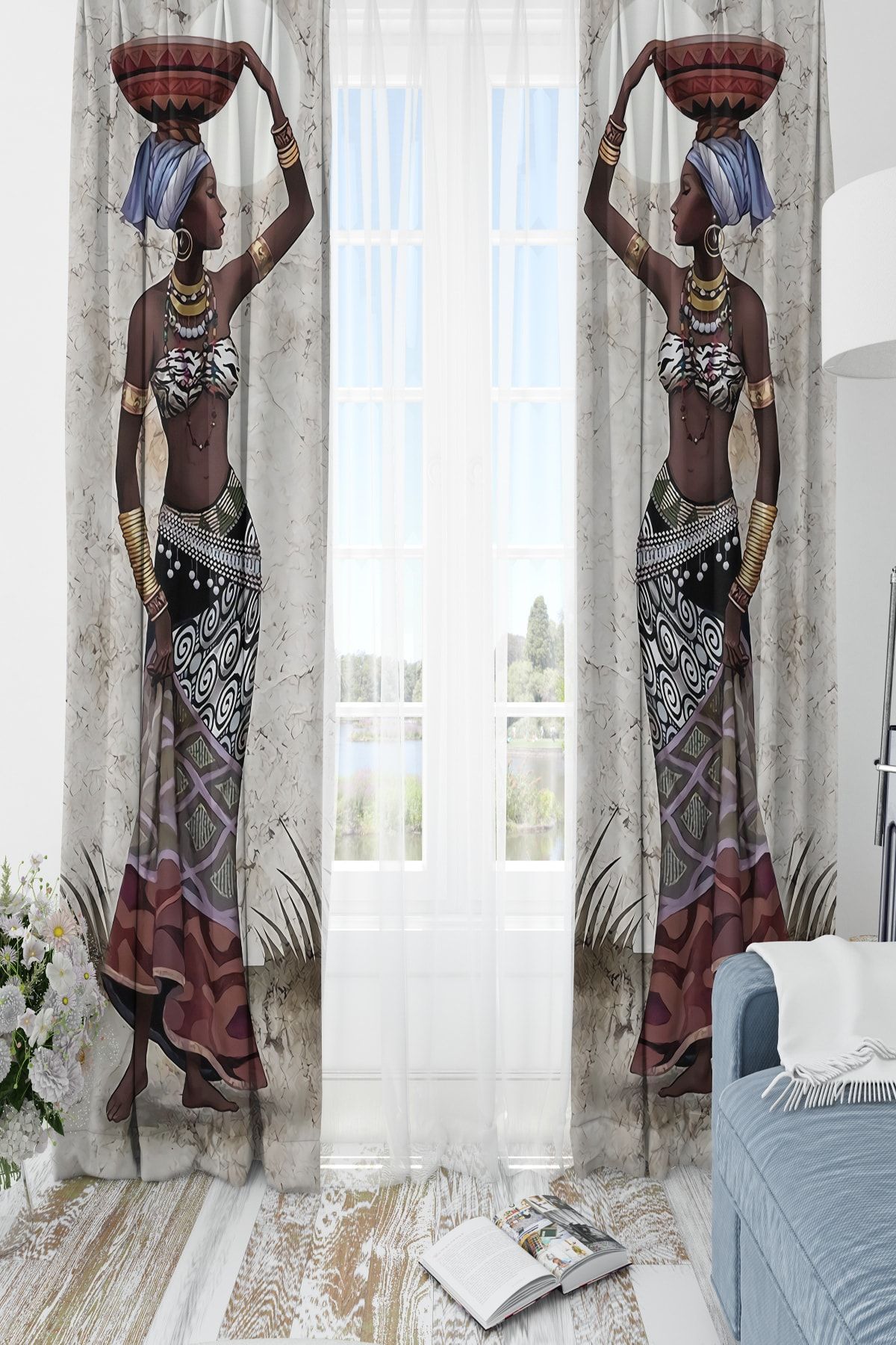 DT HOME Beyaz Afrika Desenli Fon Perde