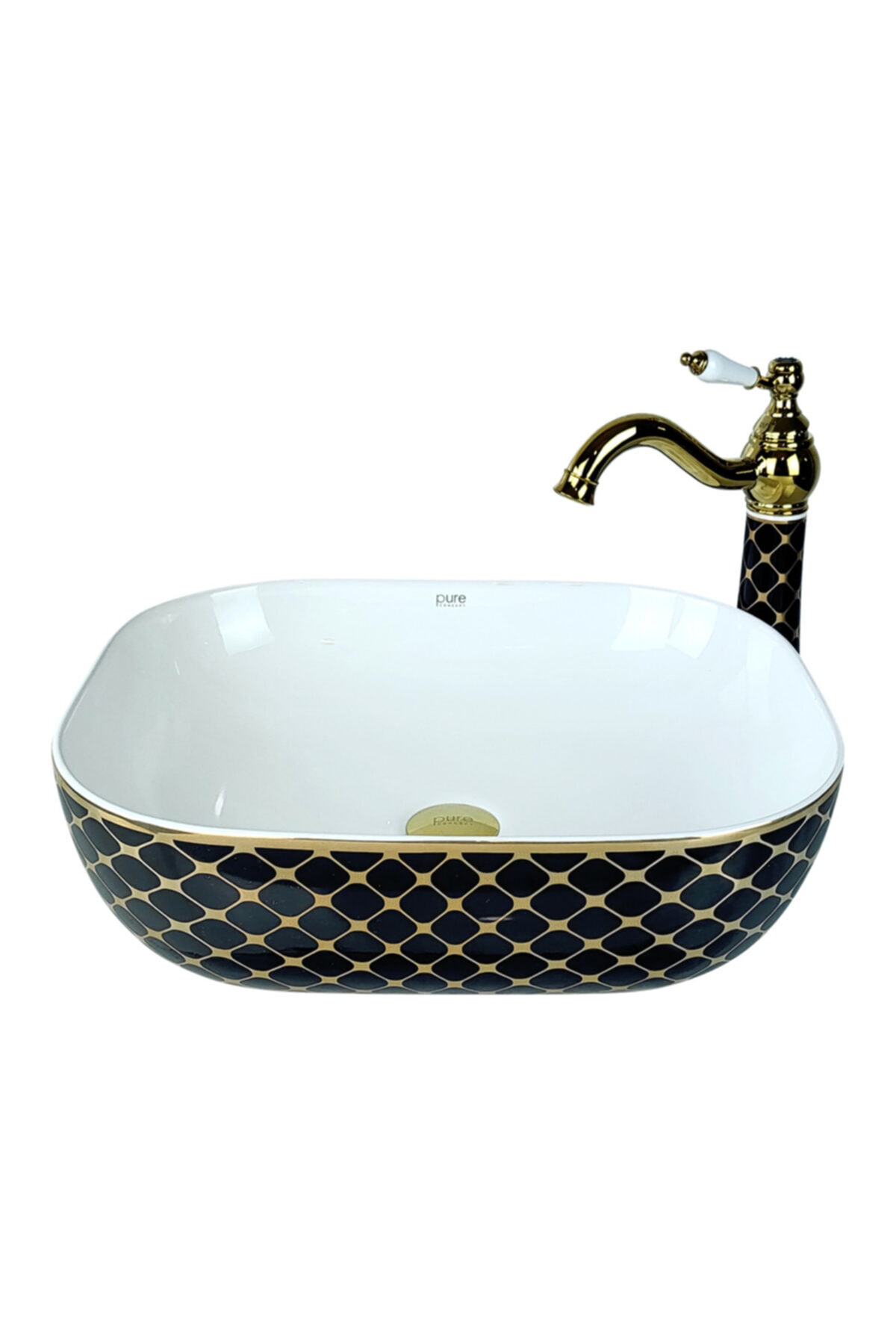 Pure Concept Geometrik Siyah Altın Beyaz Hazne Çanak Lavabo