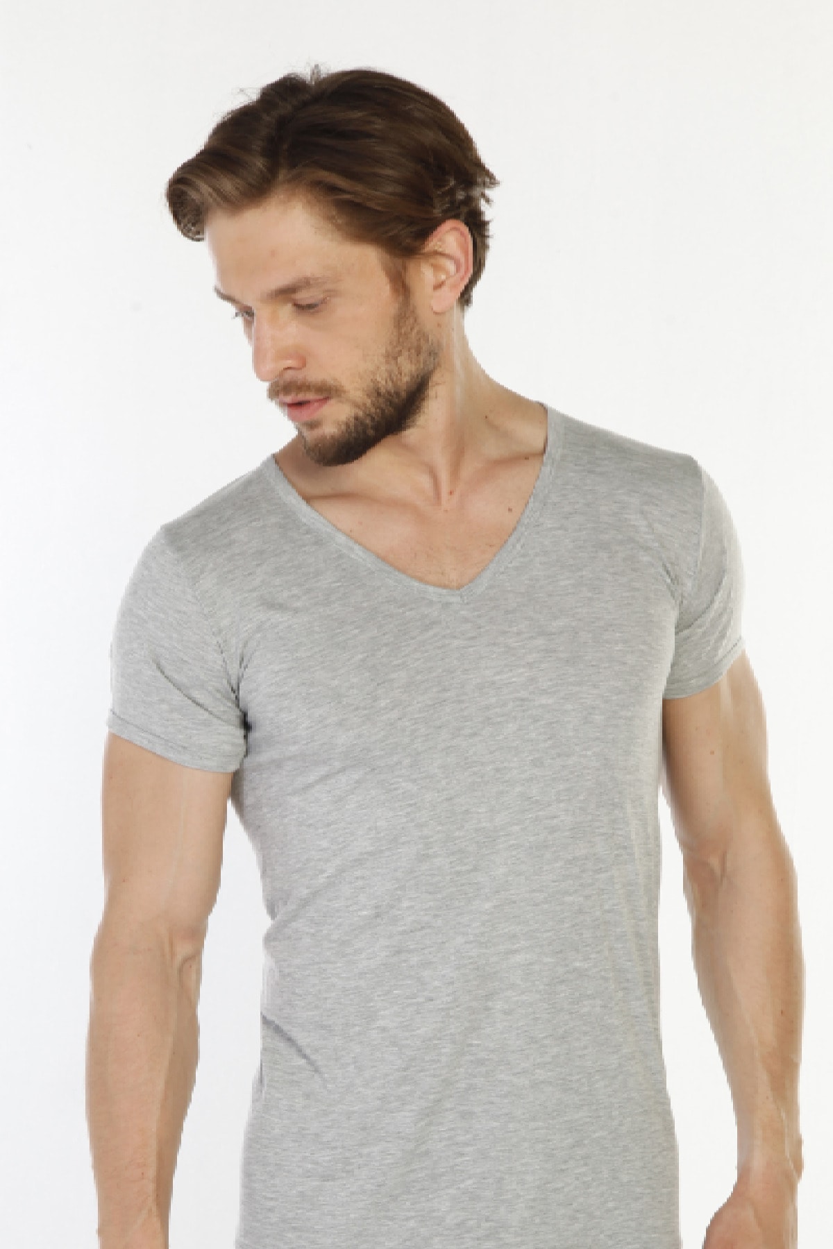 TOLIN 3 Lü Paket %100 Pamuk Gri Melanj Erkek Süprem V Yaka Fanila 317g