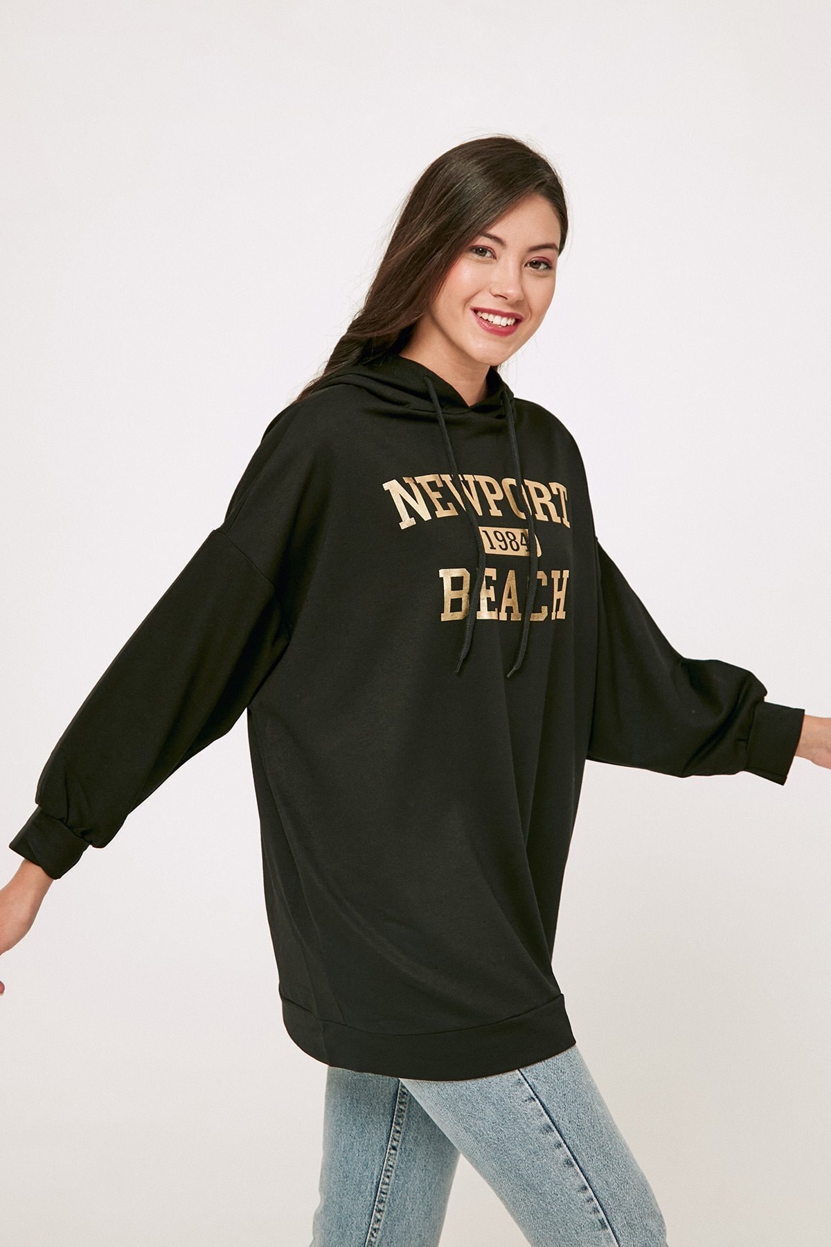 Fulla Moda Yazı Baskılı Kapüşonlu Oversize Sweatshirt