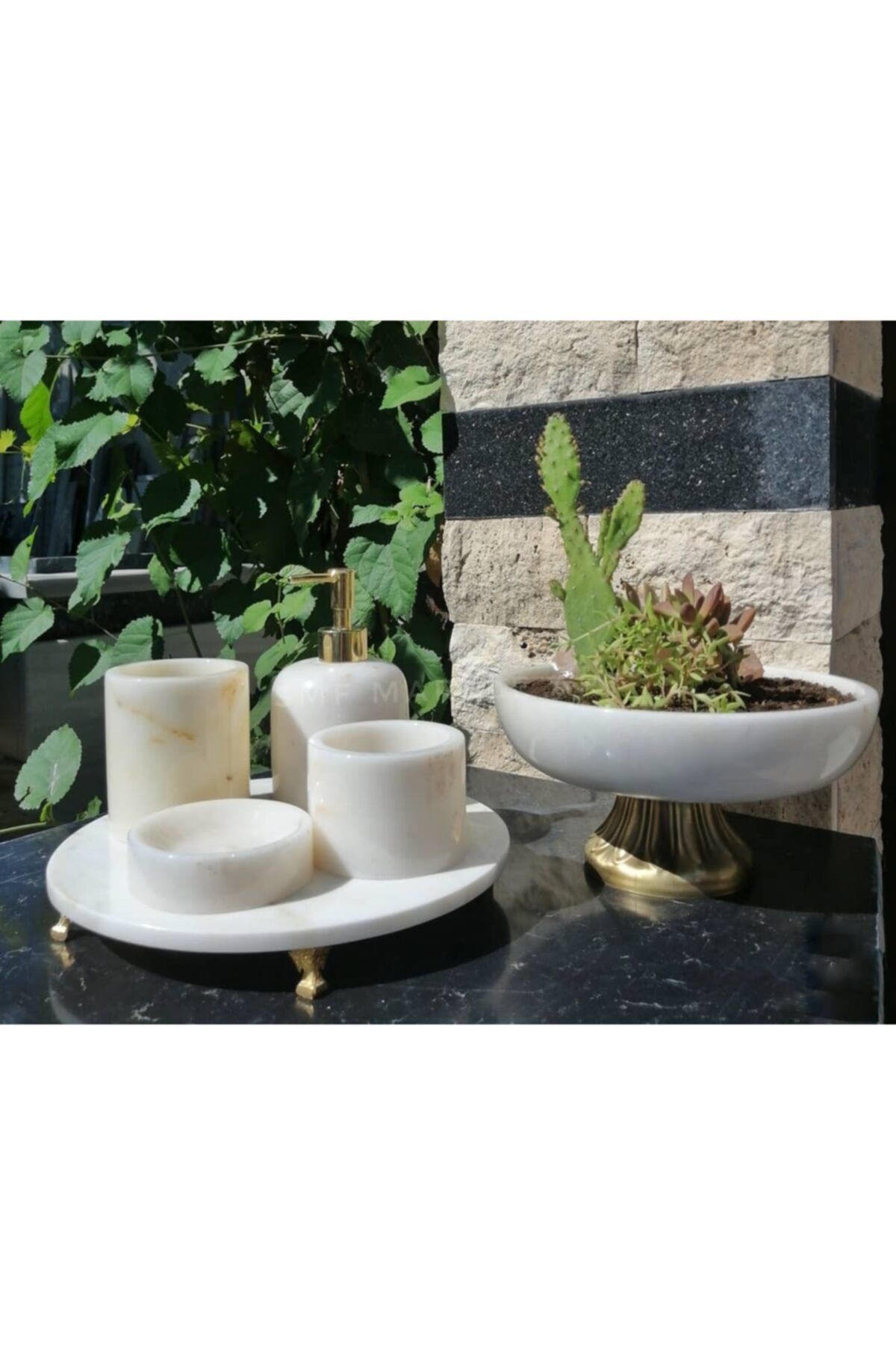 SMF MARBLE ART Doğal Beyaz Mermer Banyo Seti 6lı