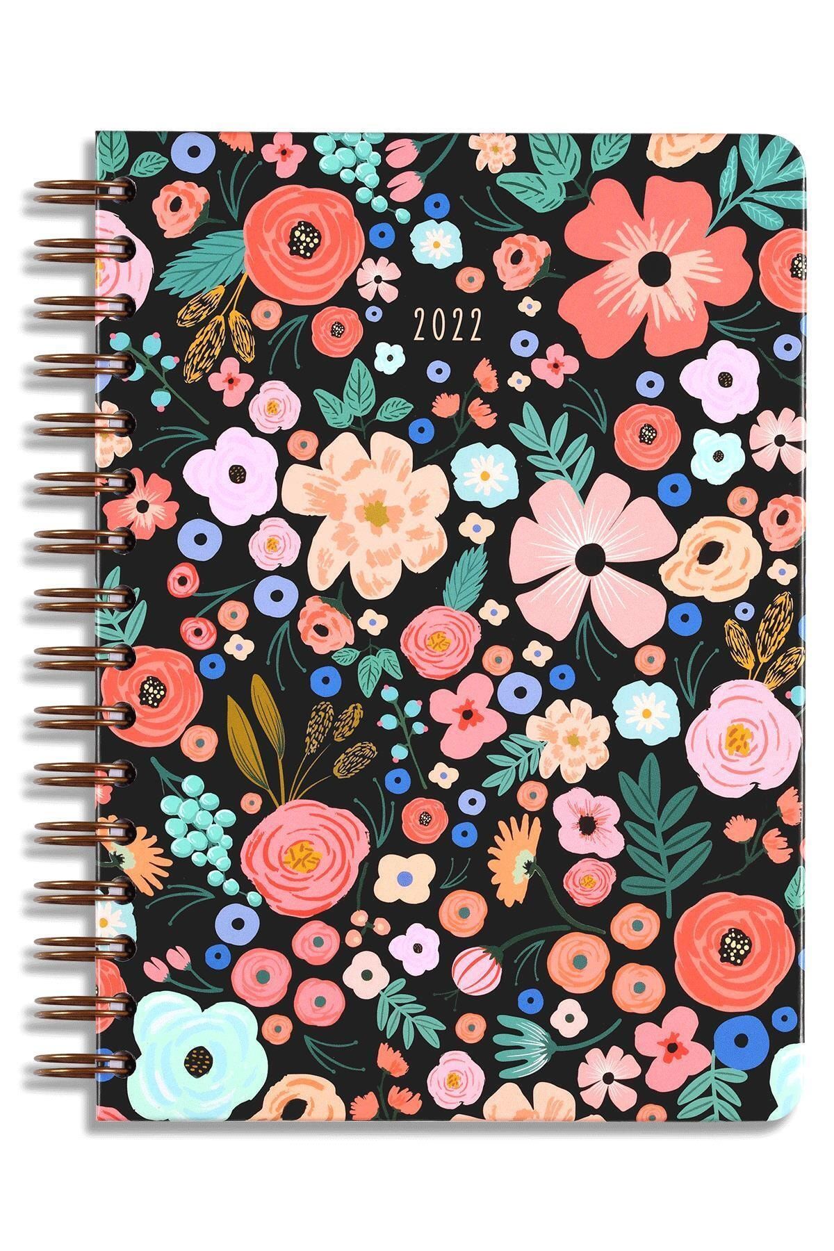 Matt Notebook A5 2022 Yılı Haftalık Ajanda 12 Aylık Çiçekler Siyah