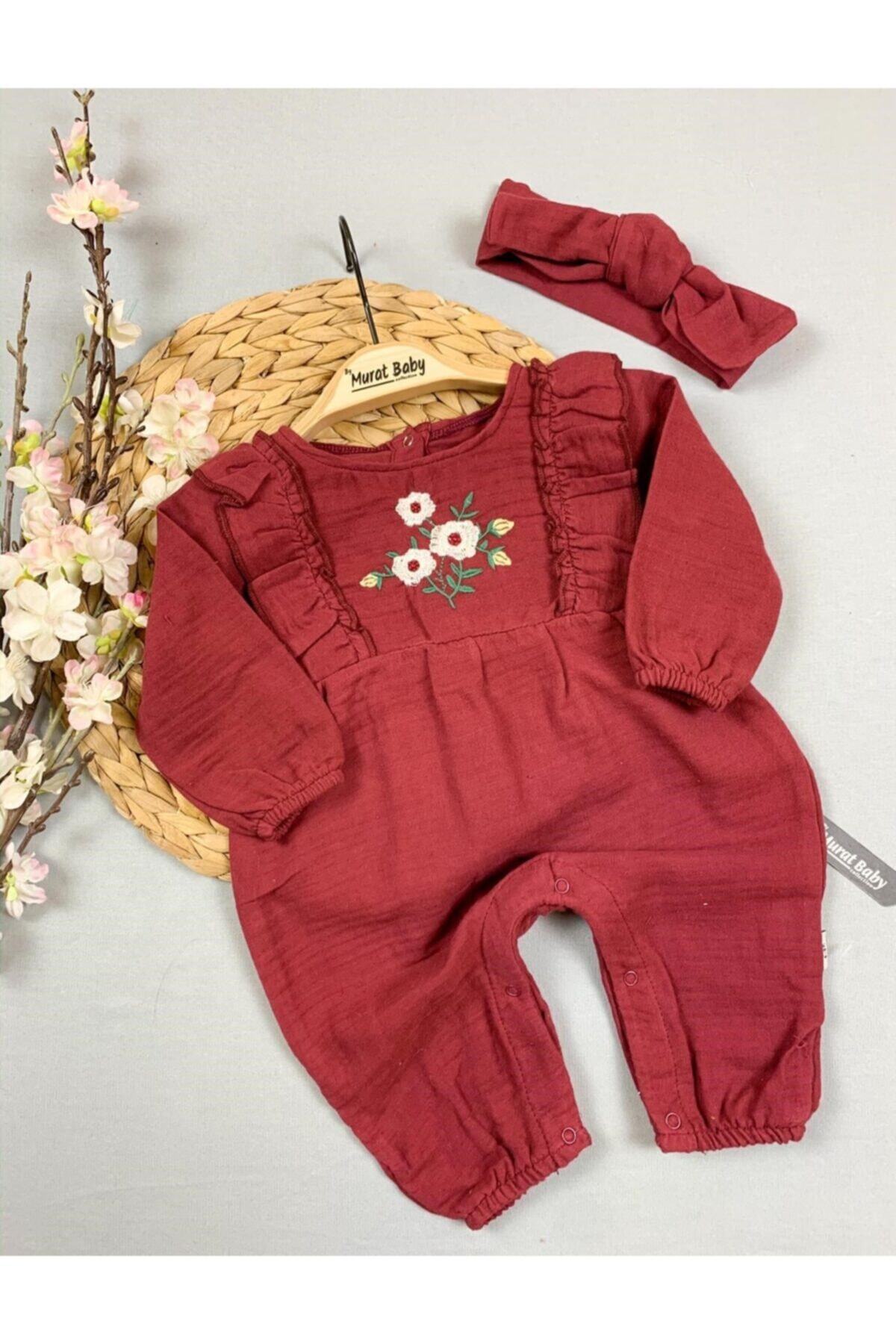 Murat Baby Çiçek Nakışlı Bandanalı Bebek Tulum