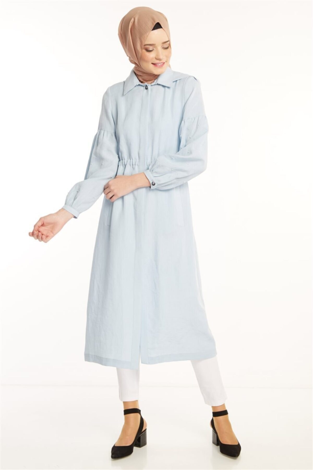 Tuğba Gömlek Yaka Açık Mavi Pardesü