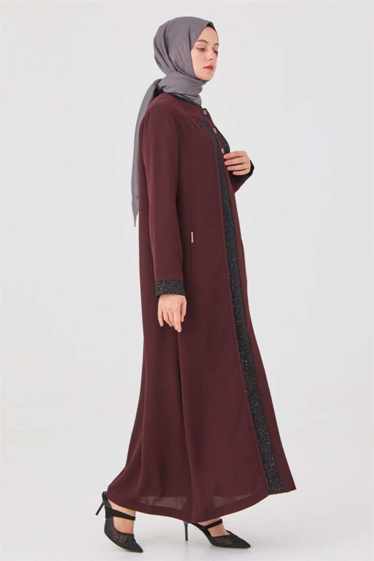 Doque Simli Şeritli Mürdüm Pardesü