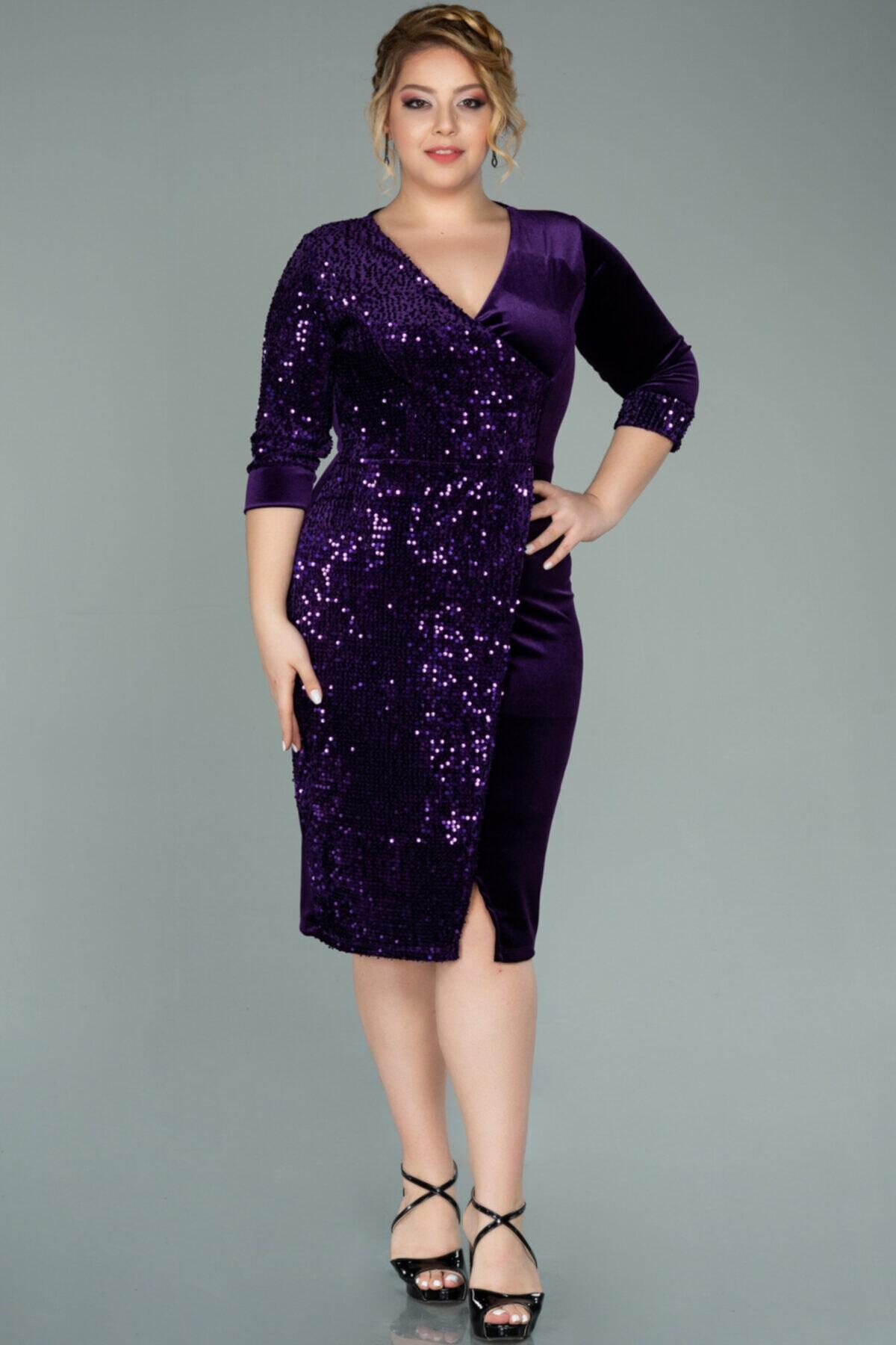 Abiyefon Mor Kısa Pul Payetli Kadife Büyük Beden Abiye Abk653