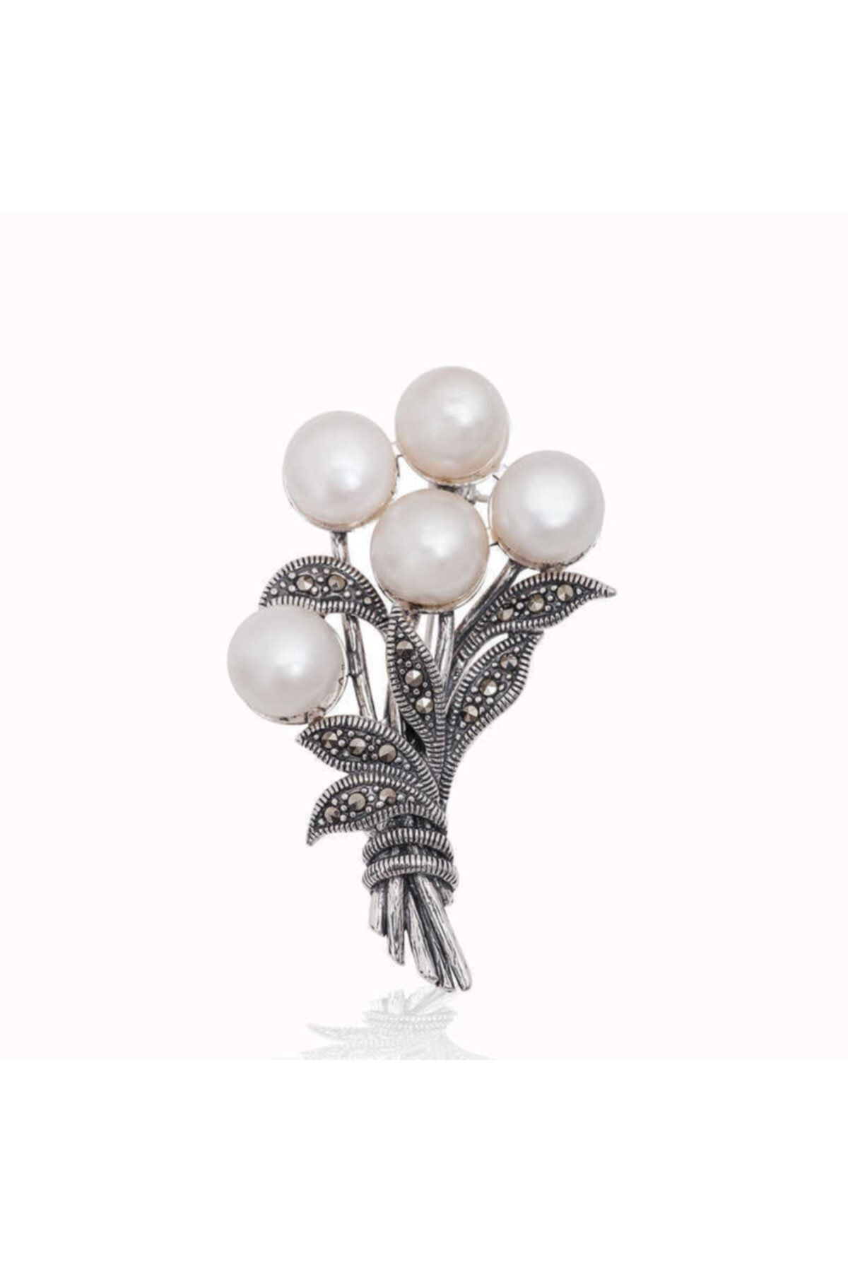 SilverXJewellery Gümüş Markazit Taşlı Inci Demeti Broş