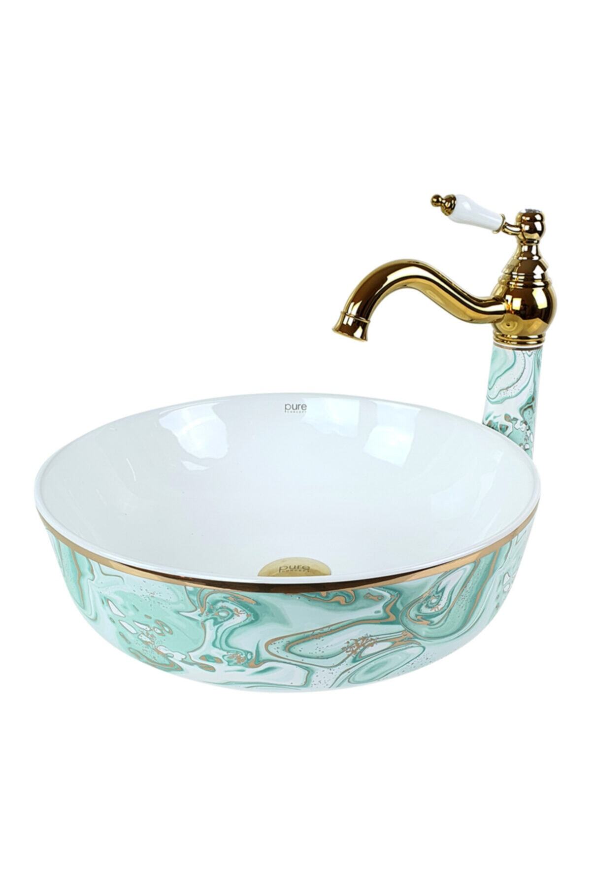 Pure Concept Ebru Yeşil Altın Çanak Lavabo
