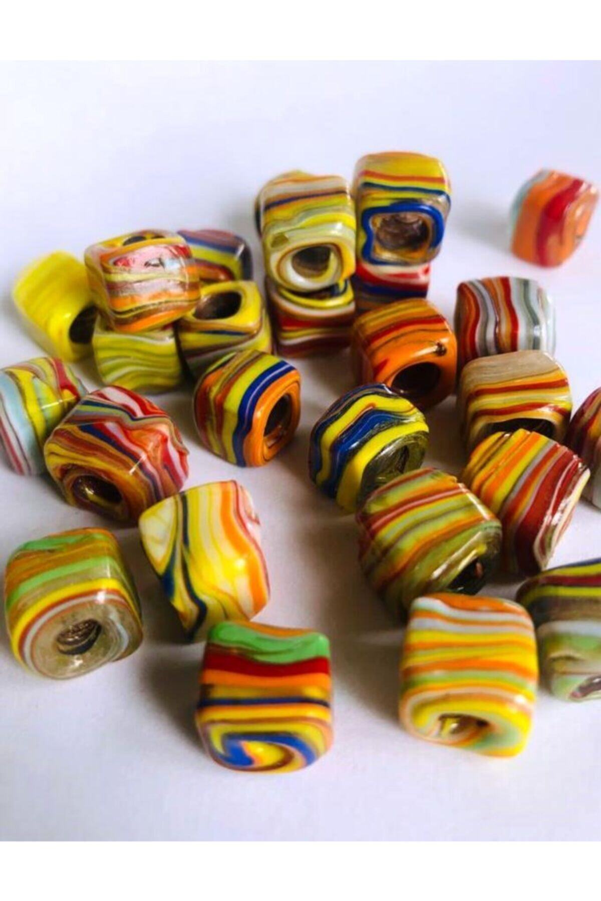 izmir Bitpazarı El Yapımı Special Ebruli Kare Cam Boncuk - 8 Adet -