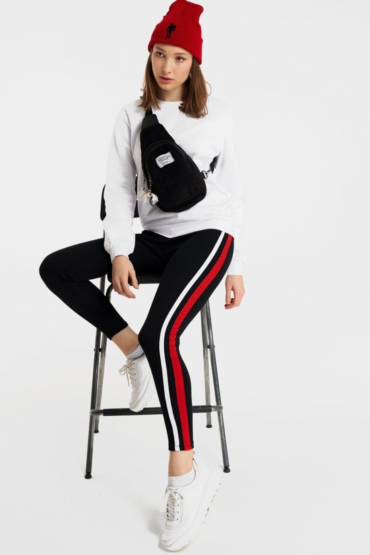 oshebu Kadın Siyah Kırmızı Içi Yünlü Yanı Şeritli Tayt