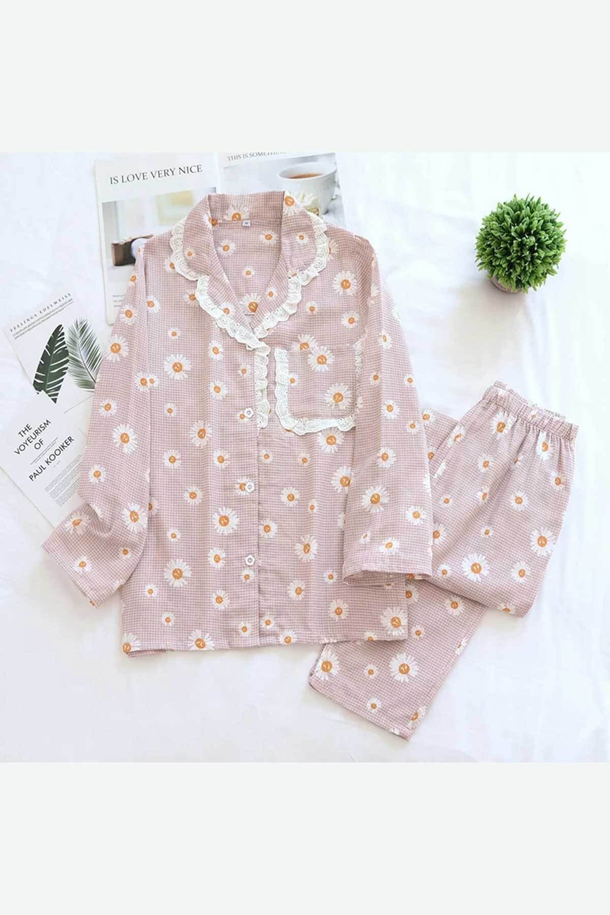 Çeyize dair herşey Pembe Papatya Desenli Dantel Detaylı Bayan Pijama Takımı 5851