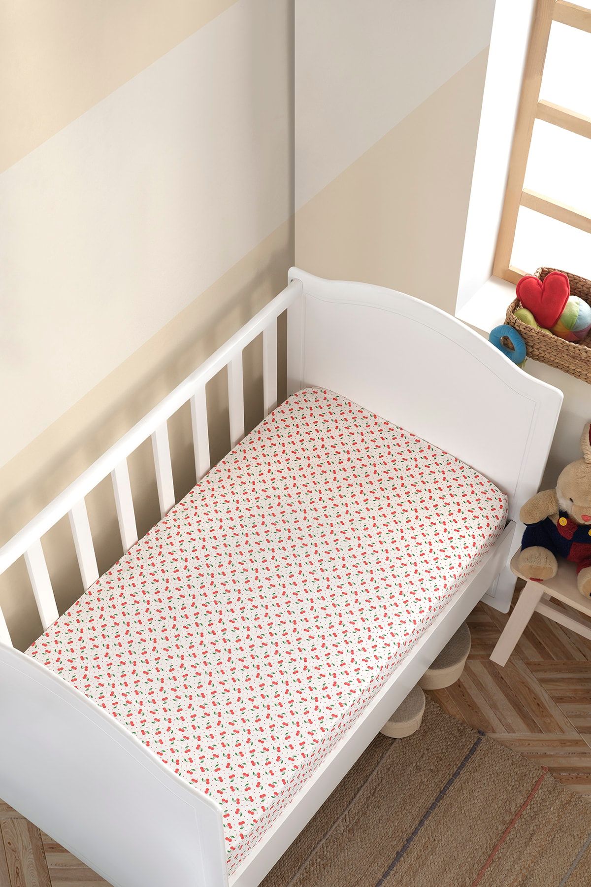 LADYNİL 70x140 Lastikli Bebek Çarşafı Ranforce Kiraz %100 Pamuk Anti Alerjik