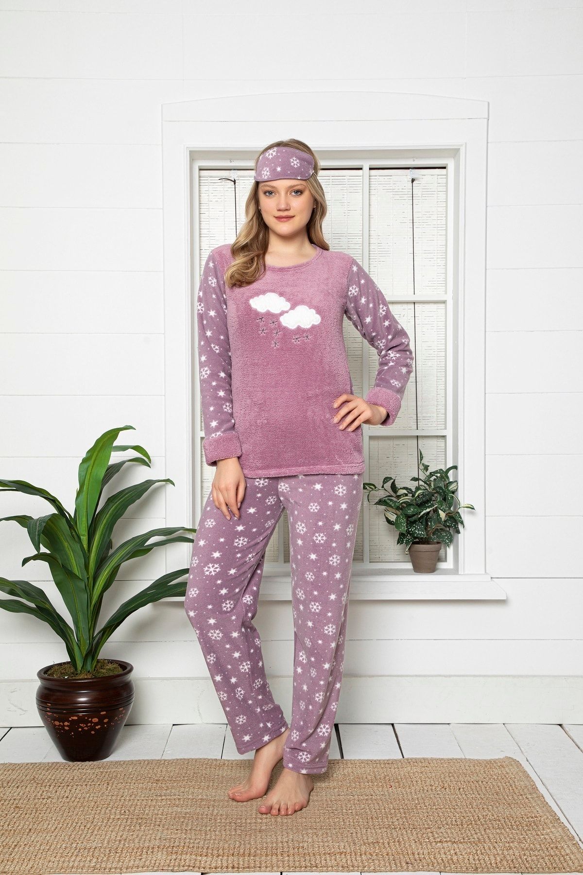 MODAREYA Bulutlu Kartaneli Kadın Polar Pijama Takımı