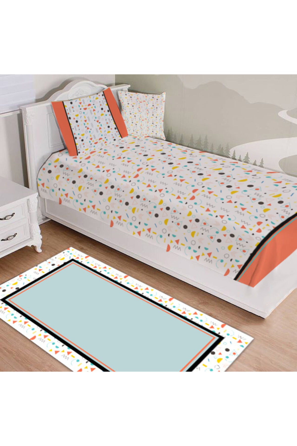 Ardizayn Renkli Şekiller, Kadife Kumaş, Dijital Baskılı, Dekoratif Yatak Örtüsü Takımı