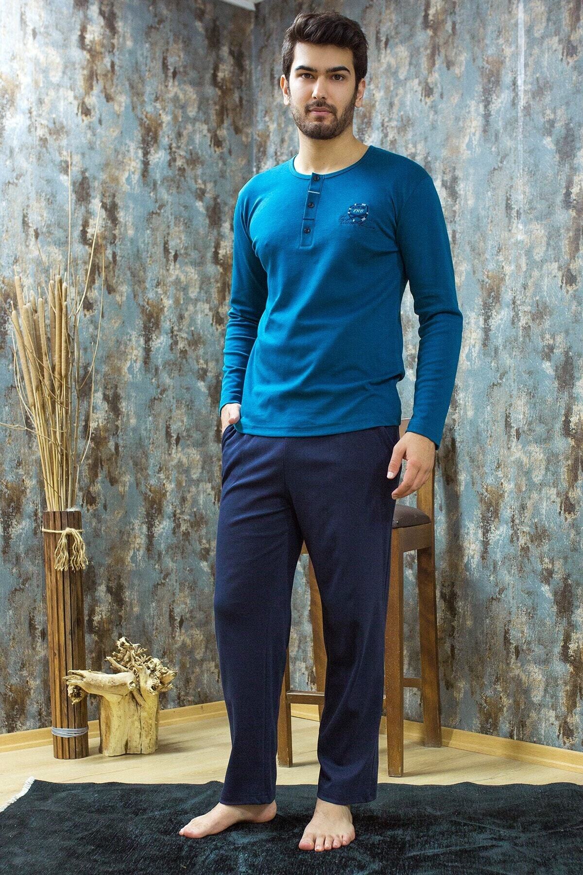 STYLE SENFONİ Erkek Uzun Kol Kışlık Penye Patlı Yaka Interlok Pijama