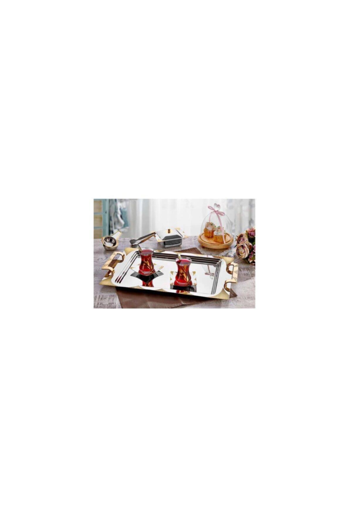 İnter Paslanmaz Çelik Çay Tepsisi Hasır Gold Servis Tepsi