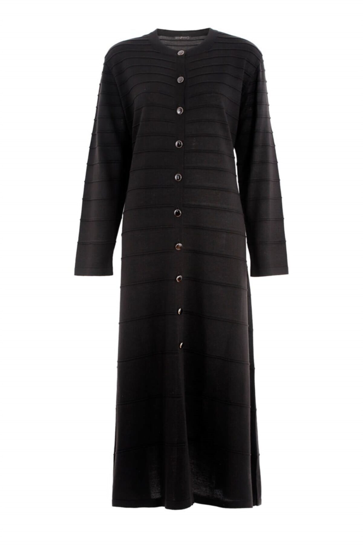 Mutlu Ertan Yığmalı Sıfır Yaka Triko Pardösü-siyah