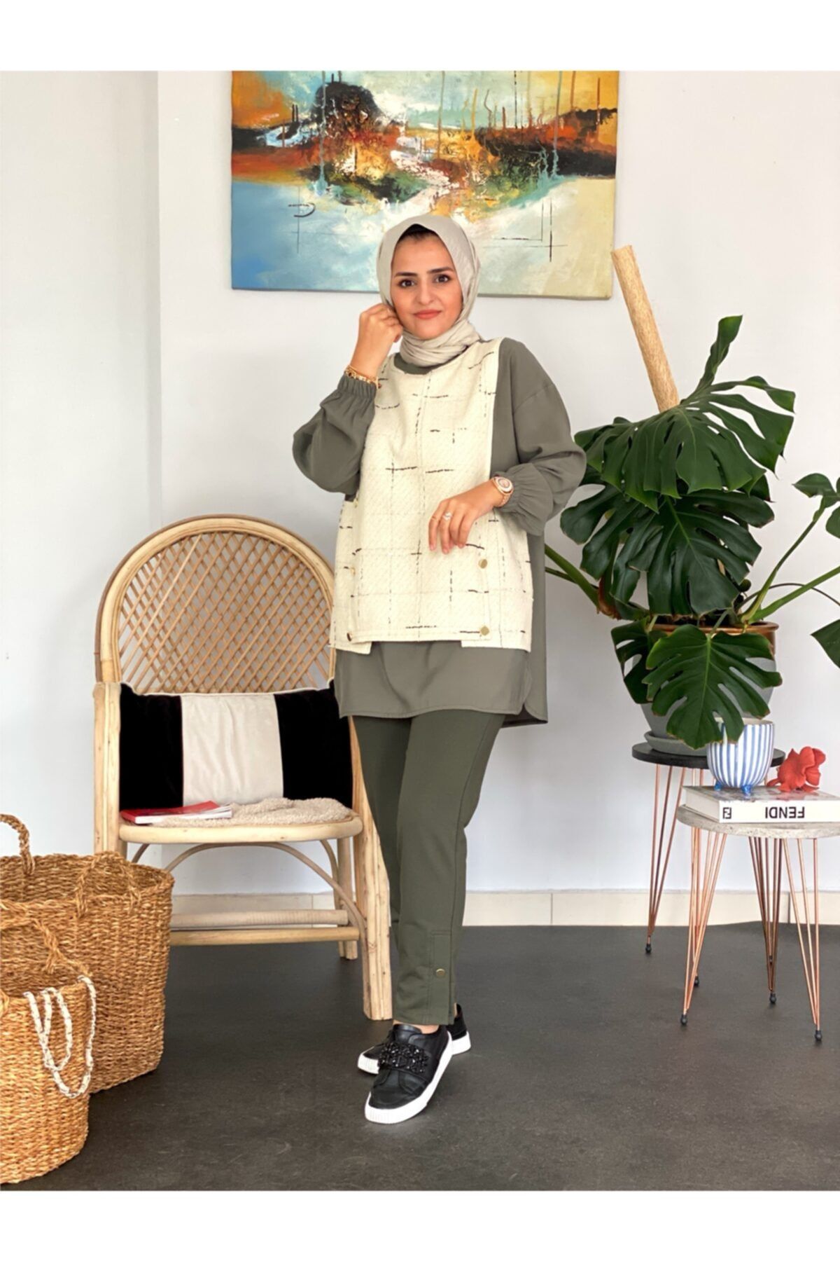 ASEL FASHİON Aster Haki Gömlek Detaylı Takım