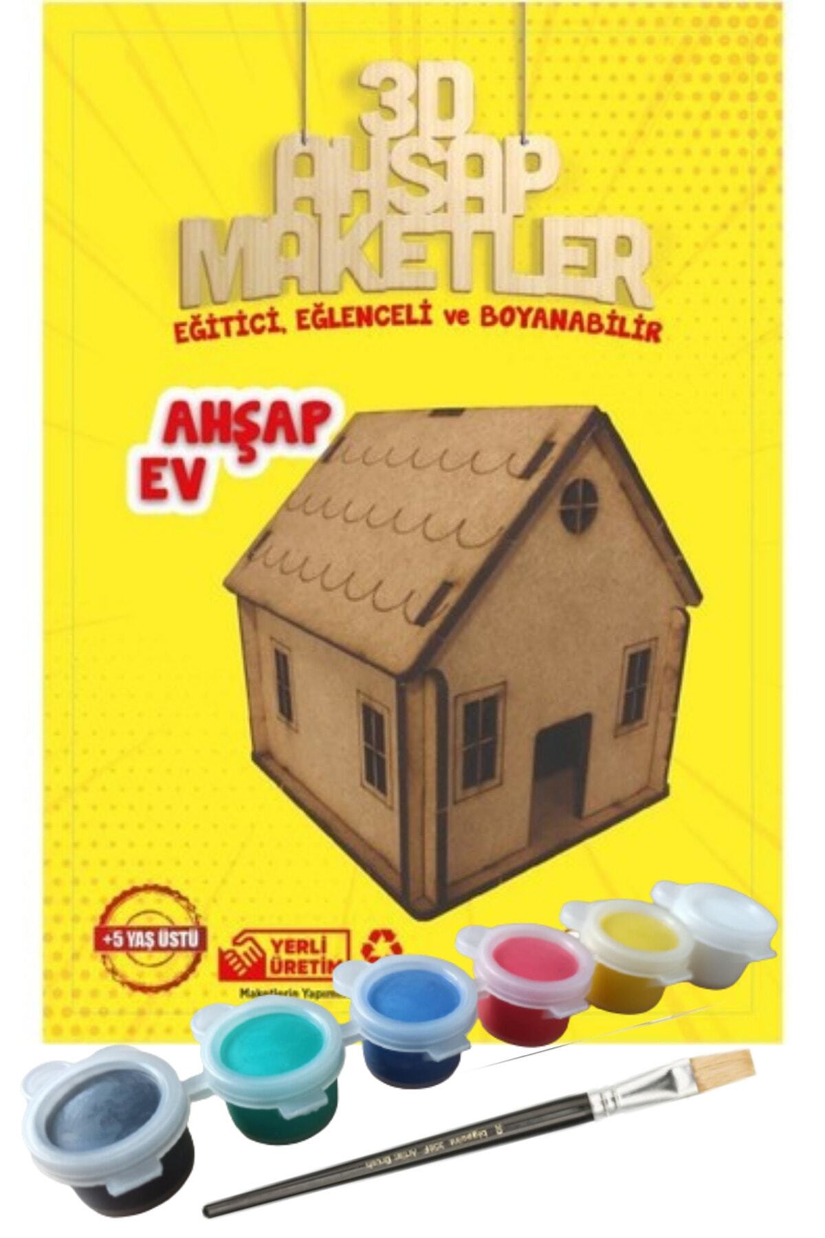 IG Ahşap Ev Boyama Seti (3d Ahşap Maket), 6'lı Boya, Fırça