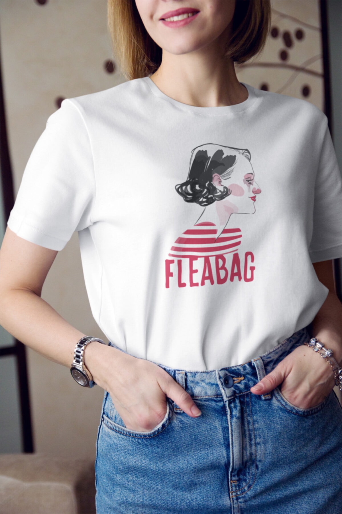 Kio Tasarım Kadın Beyaz  Netflix Fleabag 3 Baskılı Tişört %100 Pamuk