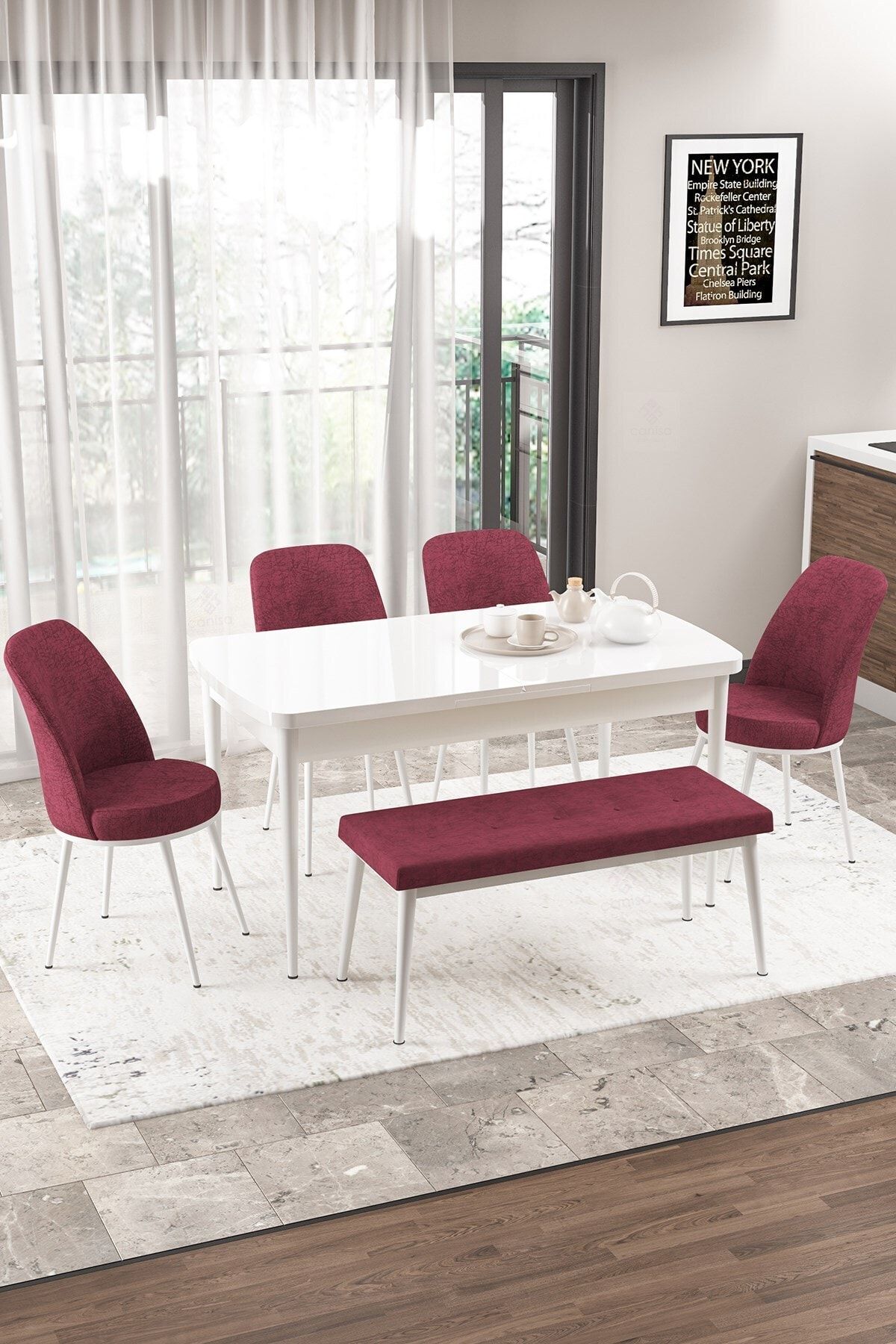 Canisa Concept Via Mutfak Masa Takımı, Beyaz , 4 Adet Bordo Sandalye+1 Adet Bordo Pera Bench