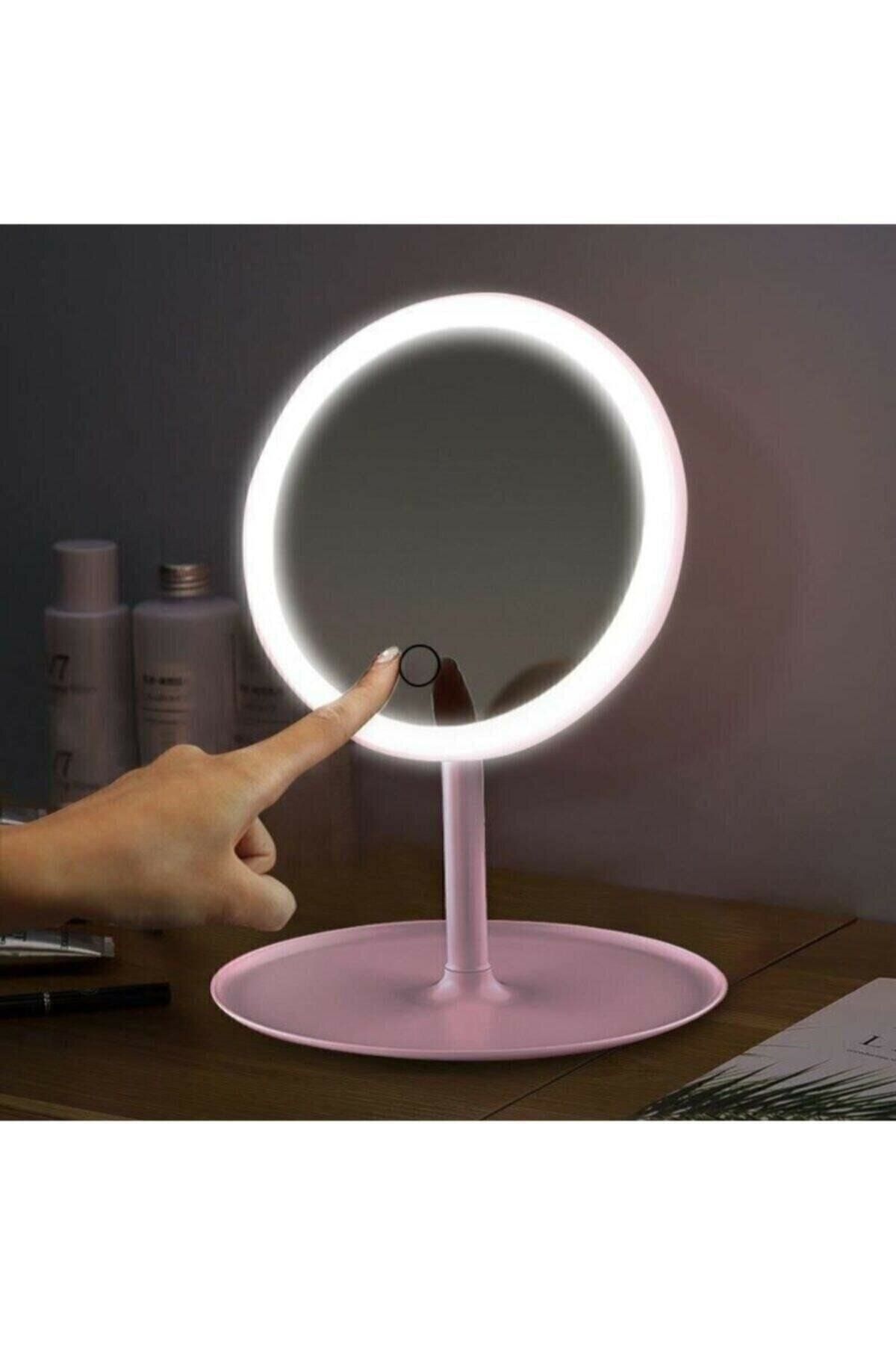 Asfal Masaüstü Dokunmatik Makyaj Aynası Led Işıklı Yuvarlak Pembe Renk Make Up Mirror