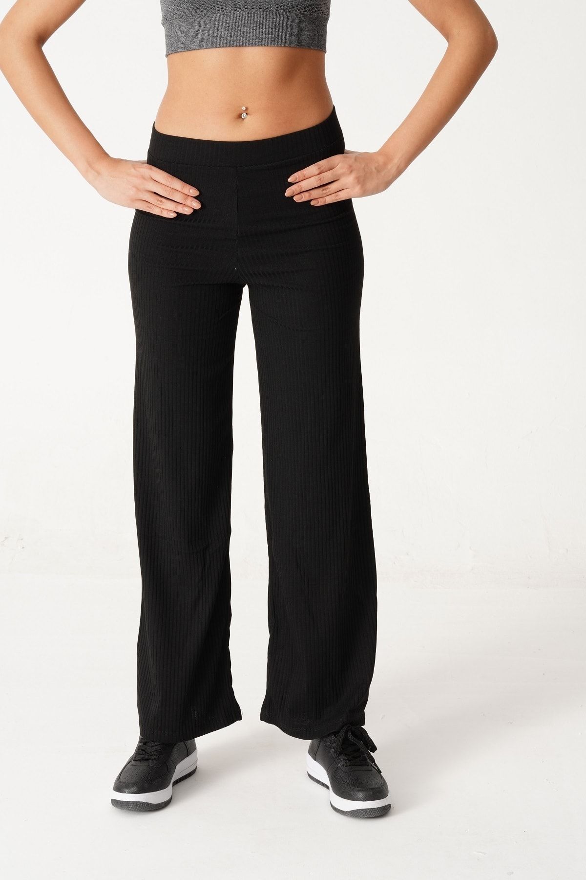 BAYKAL EM1 Miraye Store Büyük Beden Geniş Paça Fitilli Bel Lastikli Siyah Pantalon