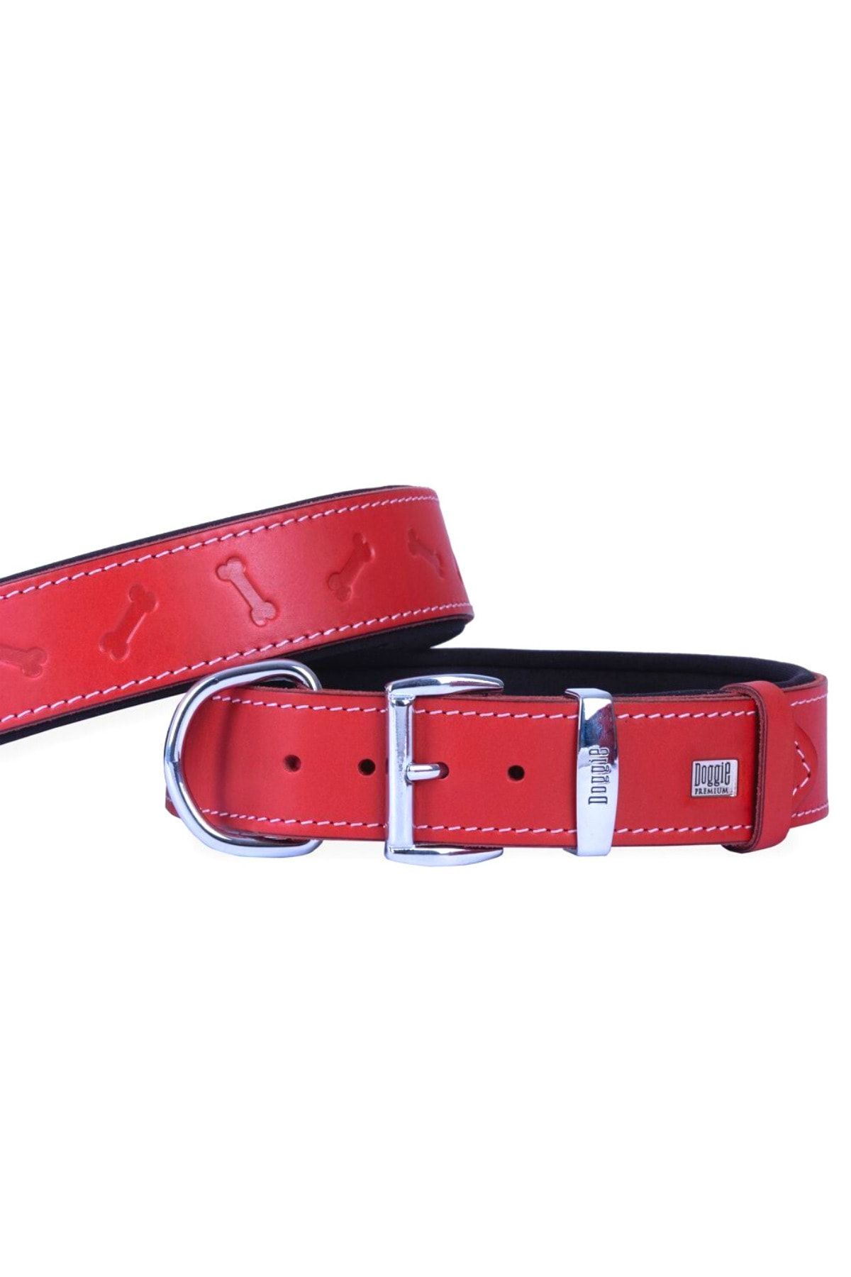 Doggie Kemik Desenli Deri Büyük Irk Köpek Boyun Tasması Kırmızı 4x57-65 Cm