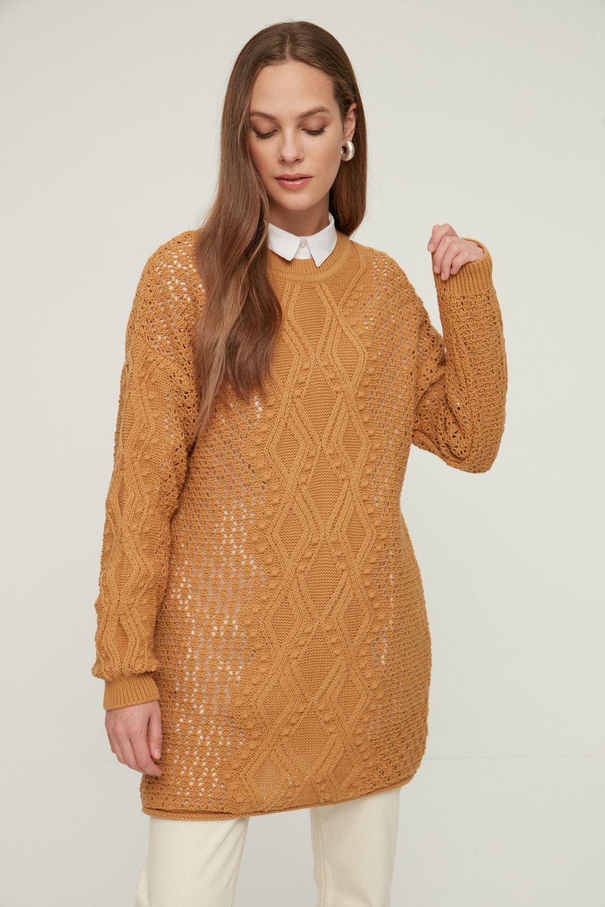 Trendyol Modest Camel Bisiklet Yaka Triko Kazak TCTAW22AK0089
