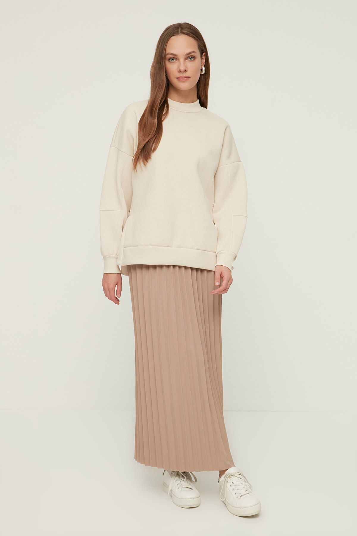 Trendyol Modest Bej Beli Lastikli Pileli  Etek TCTAW22EE0034