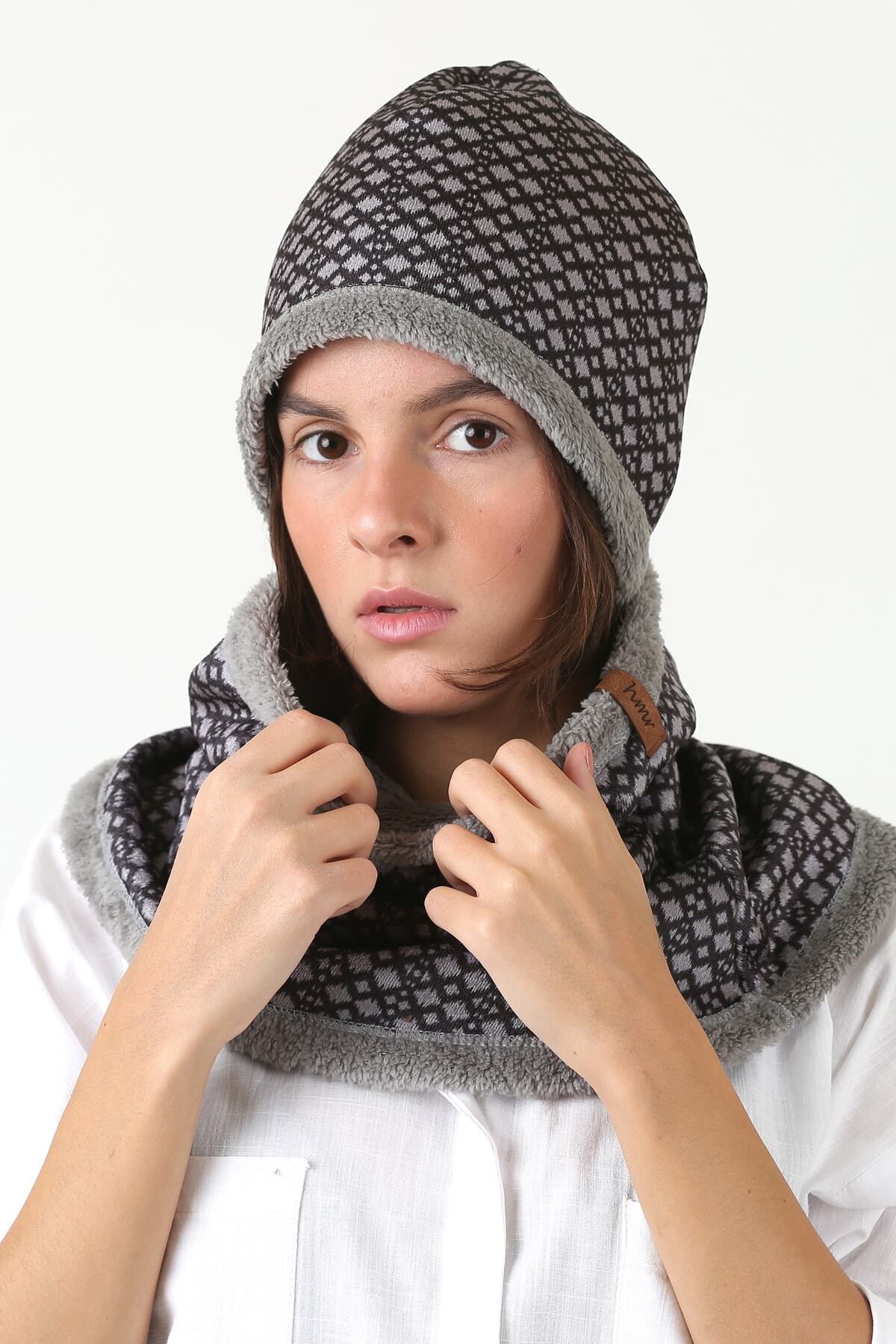 HAMUR Gri Kadın Bere Ve Boyunluk 2li Set Takım Unisex Bb-098