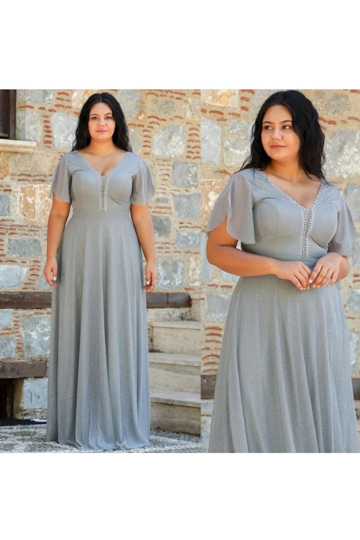 MODA İKİLİ Büyük Beden Simli Yakası Taşlı Gri Kloş Abiye Elbise